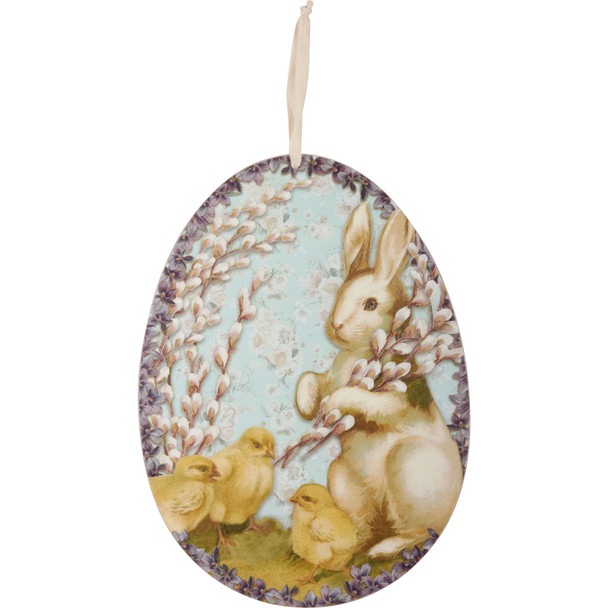 Decorative Egg Shaped Wall Decor Sign - Bunny Rabbit & Spring Chicks 14 Inch from Primitives by Kathy