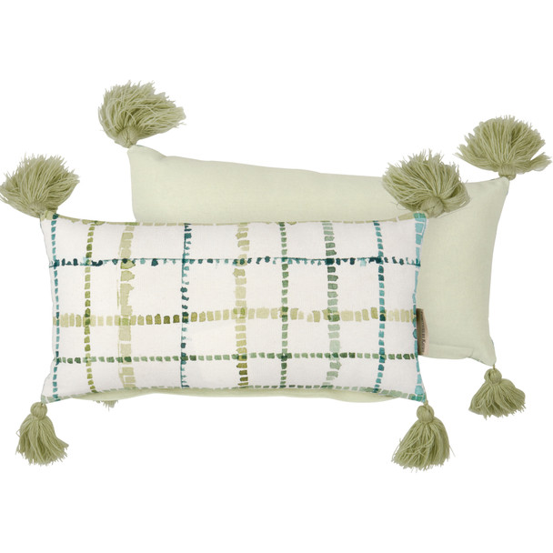 Decorative Cotton Throw PIllow - Green & White Spring Plaid With Tassels 16x8 from Primitives by Kathy