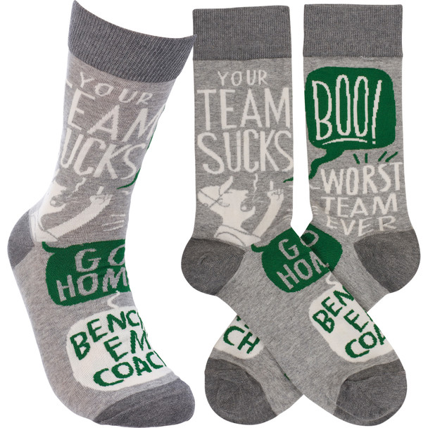 Colorfully Printed Cotton Novelty Socks - Your Team Sucks from Primitives by Kathy