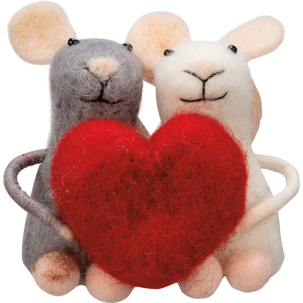Felt Mouse Couple Figurine Holding Red Heart 3.25 Inch from Primitives by Kathy