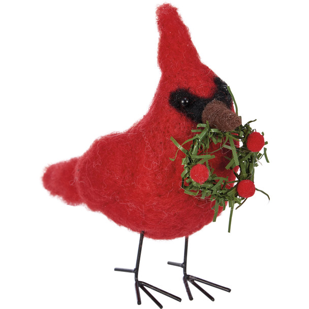 Felt Red Cardinal With Wreath Figurine - 5.5 Inch - Christmas Collection from Primitives by Kathy