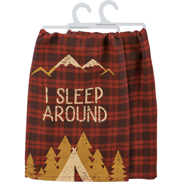 Cotton Kitchen Dish Towel - I Sleep Around - Pine Trees & Mountains 28x28 - Lake & Cabin Collection from Primitives by Kathy