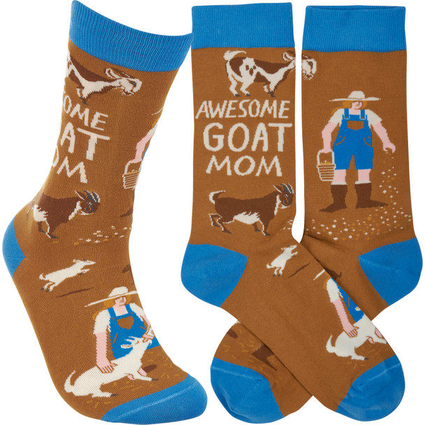 Colorfully Printed Cotton Socks - Awesome Goat Mom - Brown & Blue from Primitives by Kathy