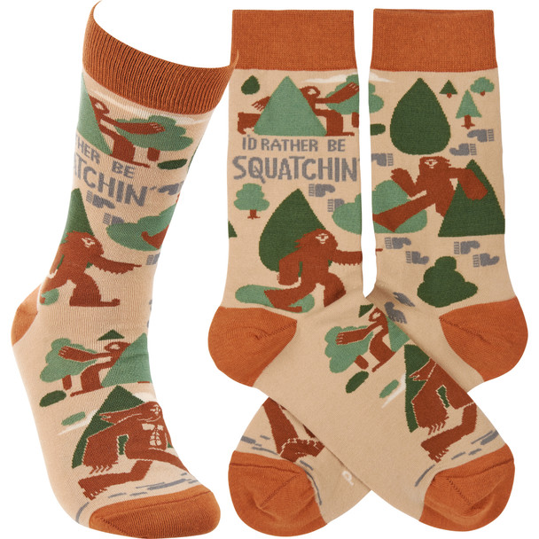 Colorfully Printed Cotton Novelty Socks - I'd Rather Be Squatchin' - Bigfoot Design from Primitives by Kathy