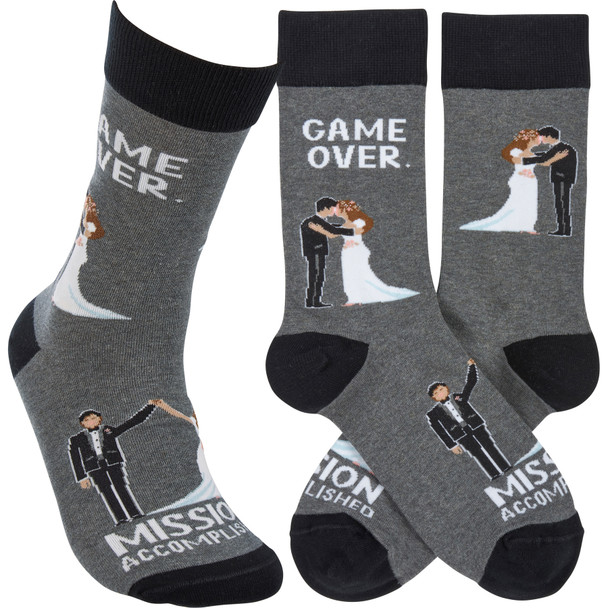 Colorfully Printed Cotton Novelty Socks - Game Over Mission Accomplished - Wedding Couple Kissing from Primitives by Kathy