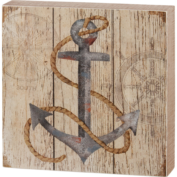 Decorative Slat Wood Box Sign Decor - Rustic Beach Themed Anchor 8x8 from Primitives by Kathy