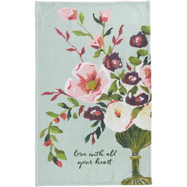 Cotton Hand Towel - Love With All Your Heart - Flower Vase Design 16x28 - Botanical Collection from Primitives by Kathy