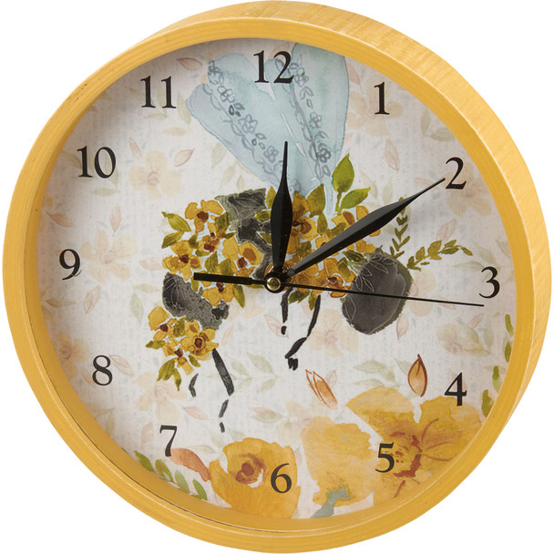 Round Wooden Clock- Floral Bumblebee Design 9.5 Inch Diameter (Battery Operated) from Primitives by Kathy