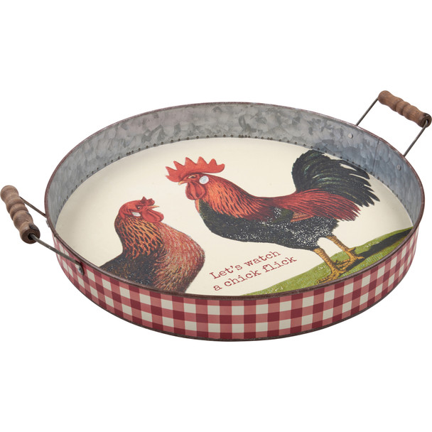 Round Galvanzied Metal Tray With Handles - Let's Watch A Chick Flick 17.5 Inch - Vintage Farmhouse Rooster & Chicken from Primitives by Kathy