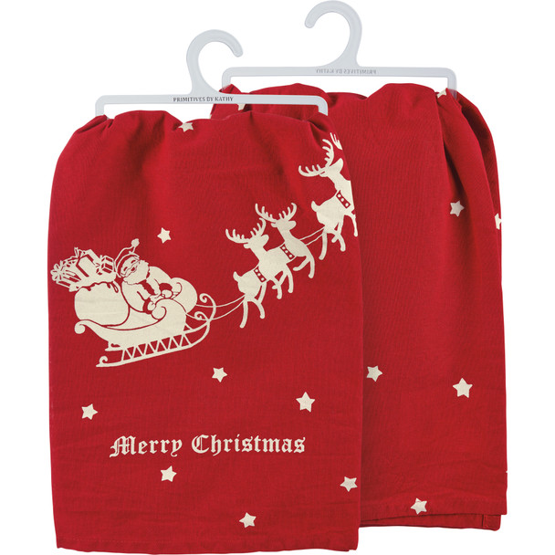 Cotton Kitchen Dish Towel - Merry Christmas - Rustic Santa & Sleigh 28x28 from Primitives by Kathy