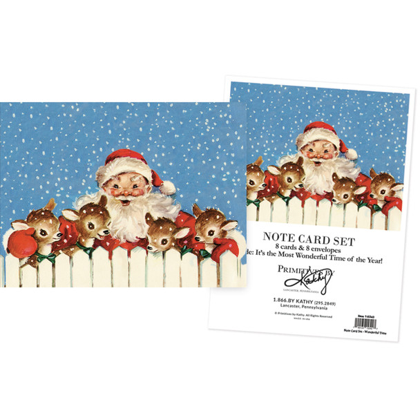 Set of 8 Greeting Note Cards With Envelopes - Most Wonderful Time Of Year - Vintage Santa & Reindeer from Primitives by Kathy