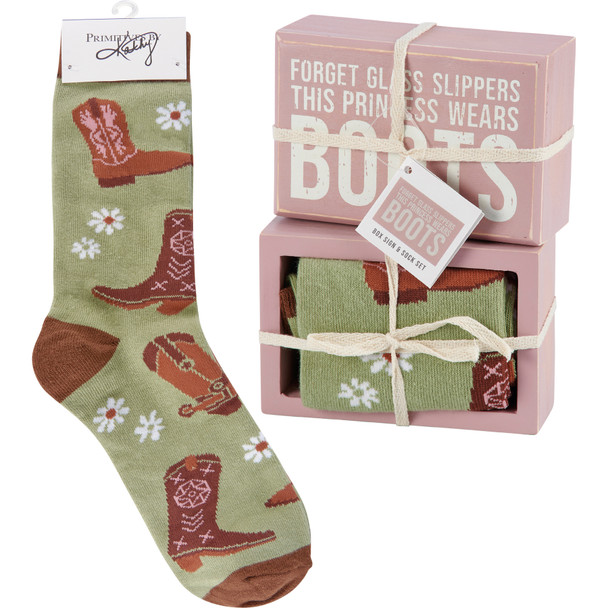 Decorative Box Sign & Colorfully Printed Cotton Socks Gift Set - Princess Wears Boots from Primitives by Kathy