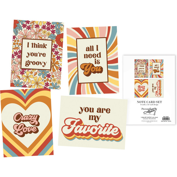 Set of 8 Note Cards With Envelopes - Groovy Love Themed from Primitives by Kathy