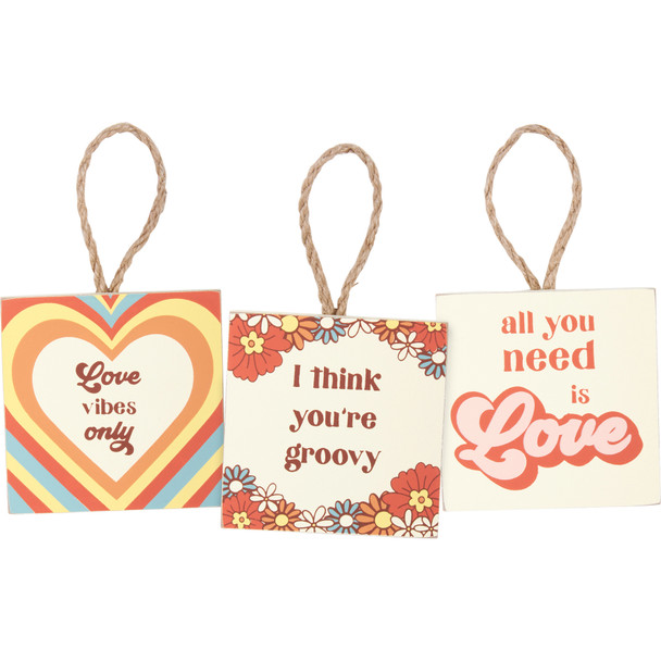 Set of 3 Wooden Hanging Ornaments - Groovy Love Themed from Primitives by Kathy