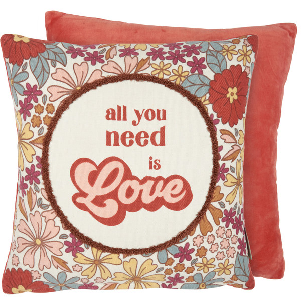 Decorative Cotton Throw Pillow - All You Need Is Love 15x15 - Retro Floral Design from Primitives by Kathy