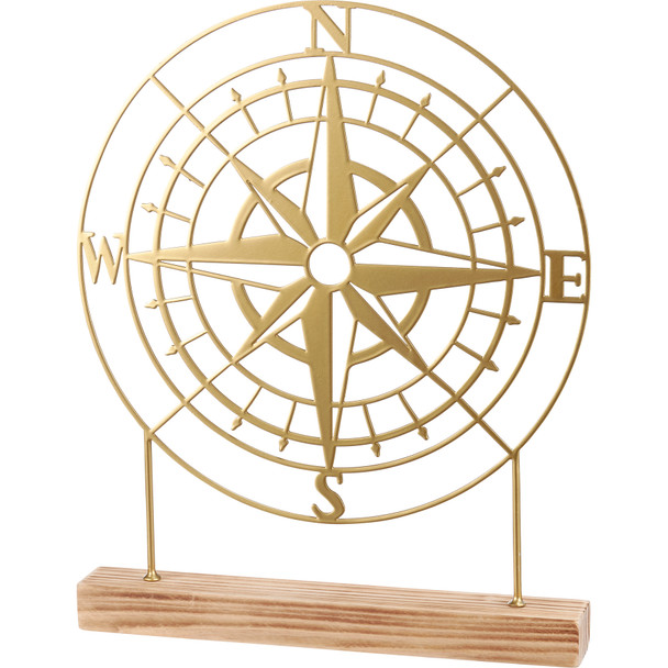 Decorative Metal & Wood Tabletop Decor Sign - Compass Rose - 12.5 In x 10 In - Lake & Cabin Collection from Primitives by Kathy