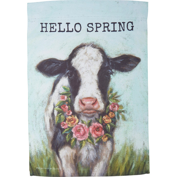 Double Sided Polyester Garden Flag - Hello Spring - Dairy Cow With Floral Necklace 12x18 from Primitives by Kathy