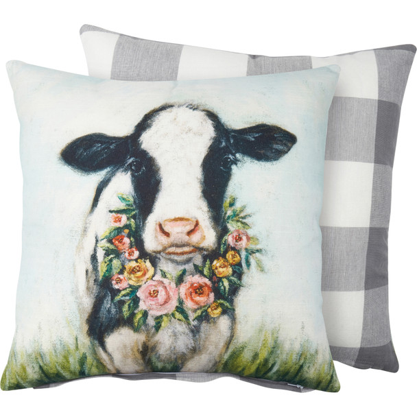 Decorative Cotton Throw Pillow - Dairy Cow Calf With Floral Wreath 16x16 from Primitives by Kathy