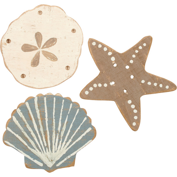 Set of 3 Decorative Wooden Ornaments - Seashells - Beach Collection from Primitives by Kathy
