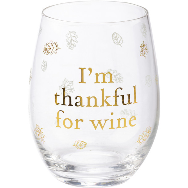 Stemless Wine Glass - I'm Thankful For Wine - Fall Leaves Design - 15 Oz from Primitives by Kathy