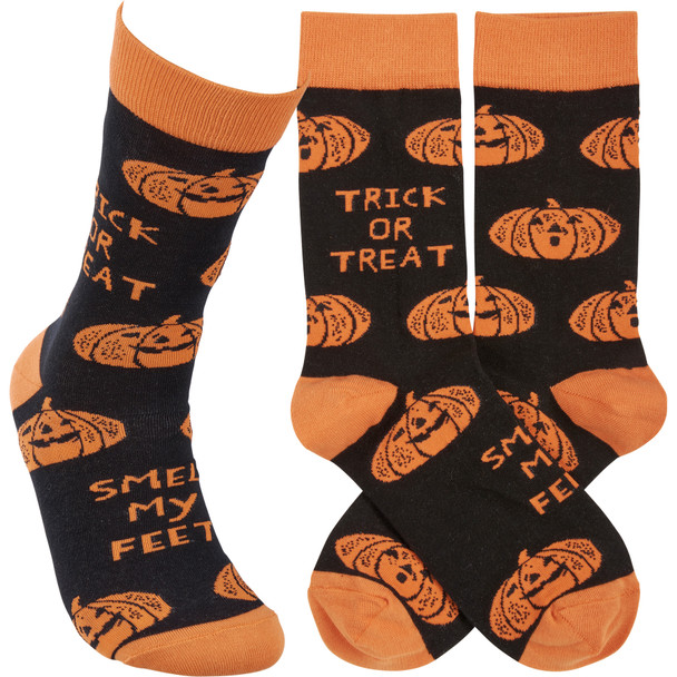 Colorfully Printed Cotton Novelty Socks - Trick Or Treat Smell My Feet Jack O Lanterns from Primitives by Kathy