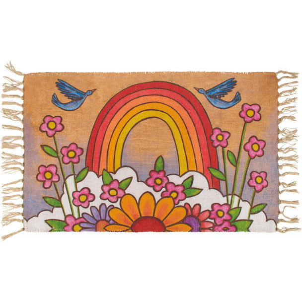 Decorative Cotton Area Rug Door Mat - Rainbow & Flowers 34x20 - Colorful Woodburn Art Rainbow & Florals from Primitives by Kathy