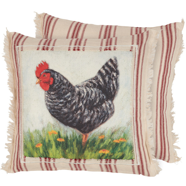 Decorative Cotton Throw Pillow - Plymouth Rock Farmhouse Chicken 16x16 - Striped from Primitives by Kathy