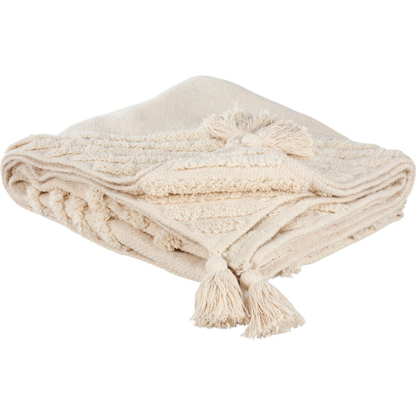 Decorative Cotton Throw Blanket - Tufted Diamonds & Tassels - Natural Color 50 In x 60 In from Primitives by Kathy