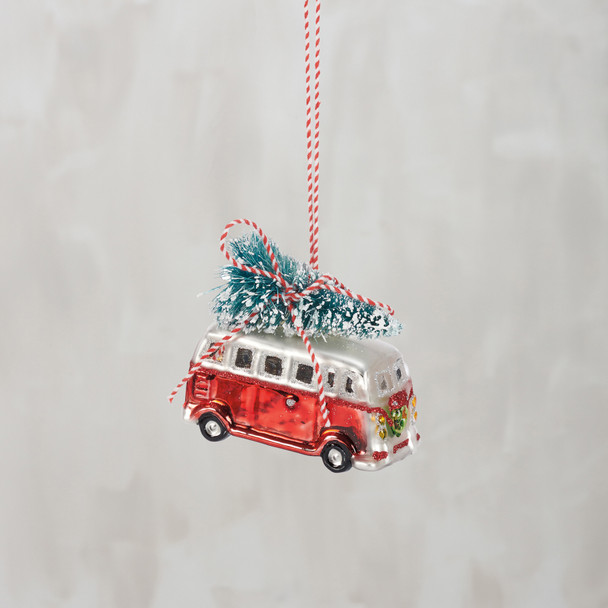 Decorative Hanging Glass Christmas Ornament - Vintage Bus With Tree - 3 Inch from Primitives by Kathy