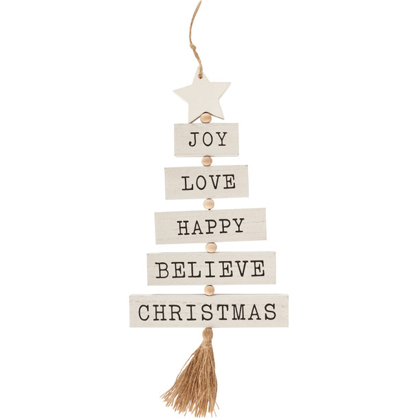 Decorative Christmas Tree Shaped Hanging Wall Decor Sign- Joy Love Happy Believe from Primitives by Kathy