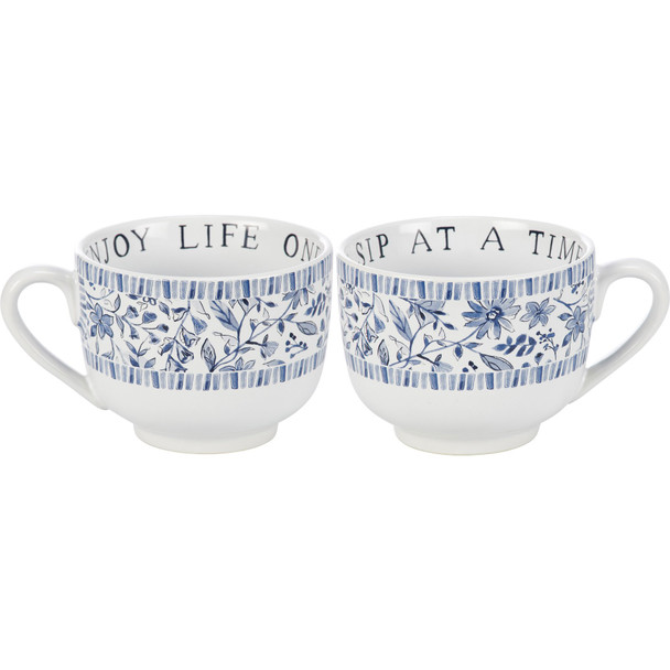 Stoneware Coffee Mugh - Enjoy Life One Sip At A Time - Ornate Blue Flowers 20 Oz from Primitives by Kathy
