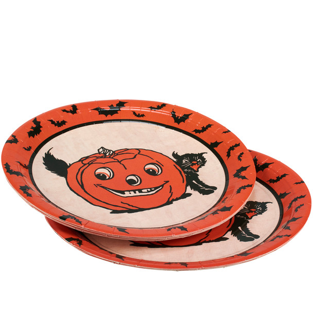 Set of 8 Vintage Themed Jack O Lantern Bats & Black Cat Disposable Paper Plates 10.5 In Diameter from Primitives by Kathy