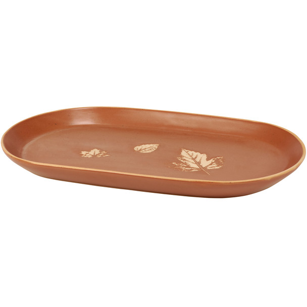 Decorative Oval Stoneware Serving Platter - Fall Leaves - Brown & Cream Colored 15.75 In x 8.75 In from Primitives by Kathy