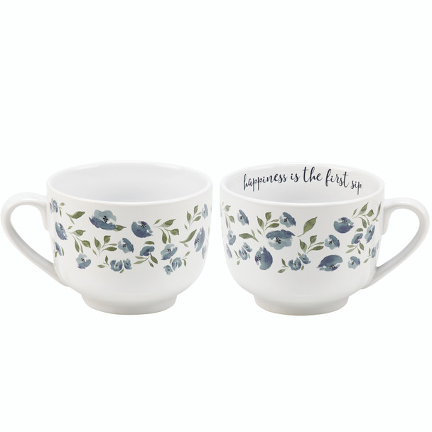 Stoneware Coffee or Tea Mug - Happiness Is The First Sip - 20 Oz - Blue Floral Design from Primitives by Kathy