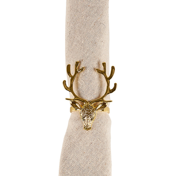 Set of 4 Metal Napkin Rings - Golden Deer Head & Antlers - 2.5 Inch - Christmas Collection from Primitives by Kathy