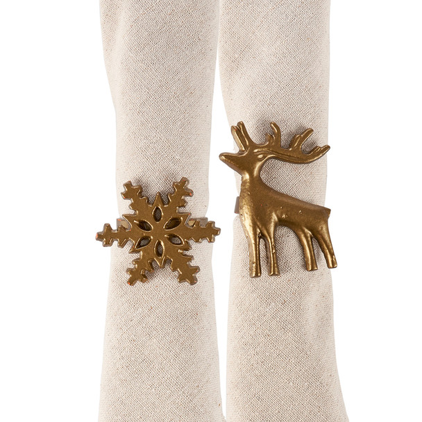Set of 4 Decorative Metal Napkin Rings - Gold Colored Deer & Snowflake (2 of each) from Primitives by Kathy