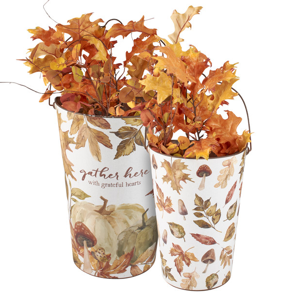 Set of 2 Decorative Hanging Metal Wall Buckets Decor - Gather Here Fall Foilage Design from Primitives by Kathy