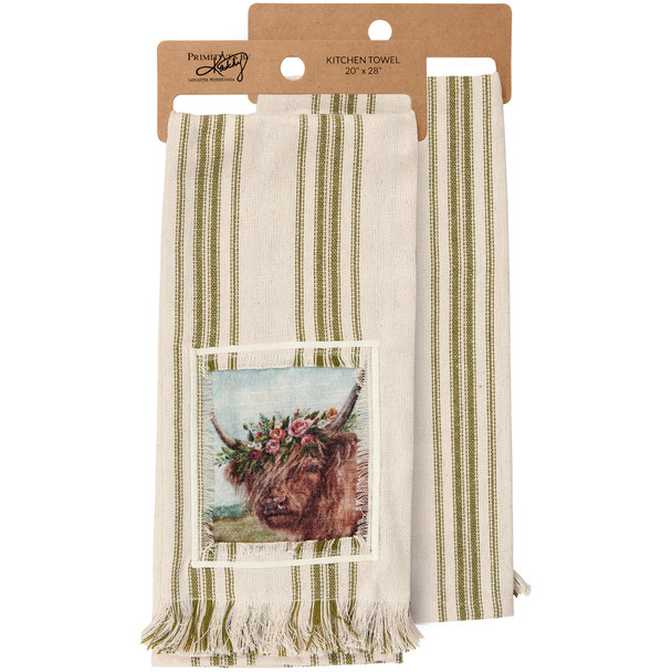 Cotton Kitchen Dish Towel - Highland Cow With Floral Crown 20x28 from Primitives by Kathy