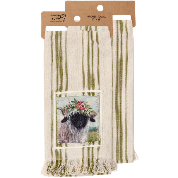 Cotton Kitchen Dish Towel - Farmhouse Sheep With Floral Crown - 20x28 from Primitives by Kathy