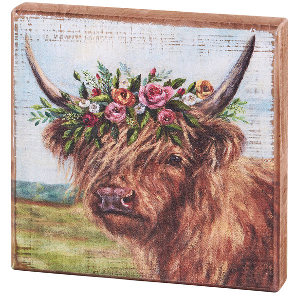 Decorative Wooden Block Sign Decor - Farmhouse Highland Cow With Floral Crown 6x6 from Primitives by Kathy