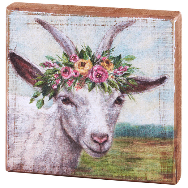 Decorative Wooden Block Sign Decor - Farmhouse Goat With Floral Crown 6x6 from Primitives by Kathy