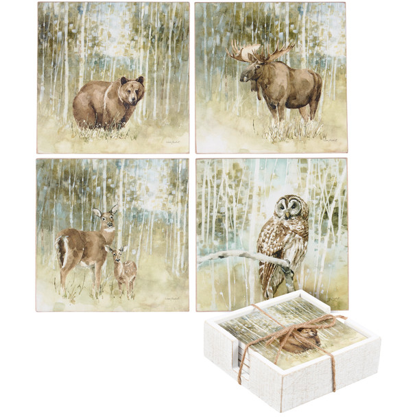 Set of 4 Wooden Drink Coasters - Woodland Animals 4x4 - Lake & Cabin Collection from Primitives by Kathy