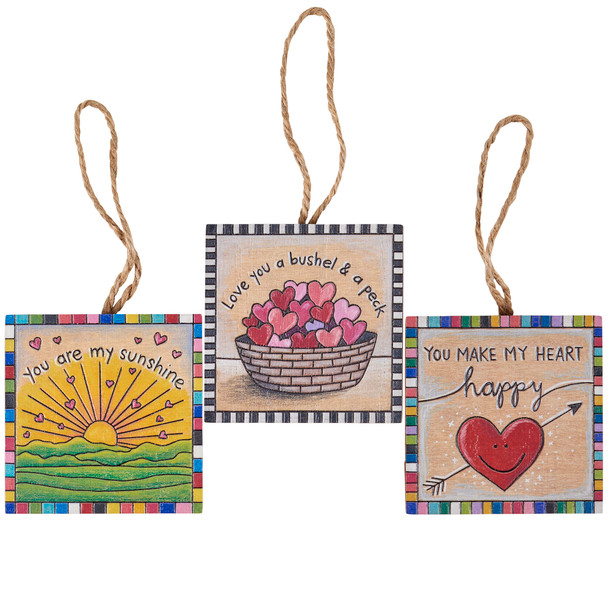 Set of 3 Wooden Woodburn Art Hanging Ornaments - Love Themed- Valentine's Collection from Primitives by Kathy