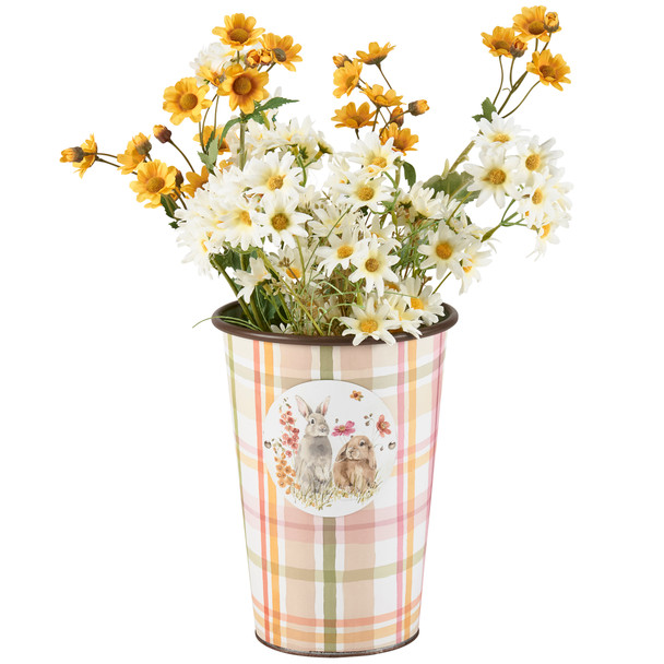 Decorative Metal Bucket - Plaid Bunnies & Spring Flowers - 9.5 In x 7 In from Primitives by Kathy