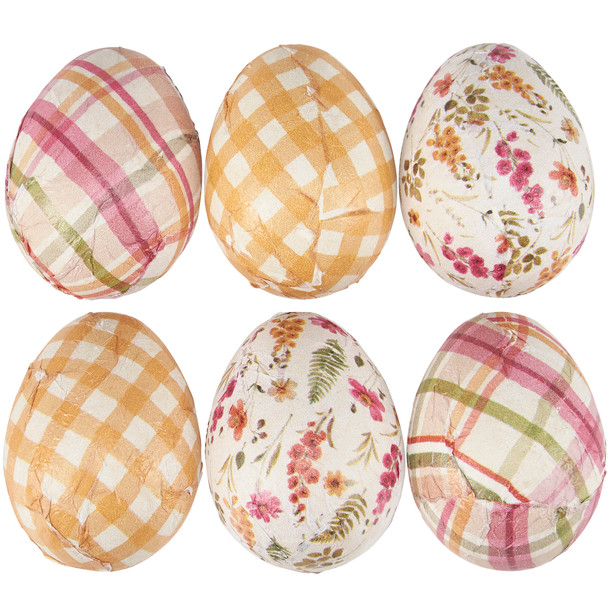 Set of 6 Wooden Egg Figurines - Various Spring Floral & Gingham Prints from Primitives by Kathy