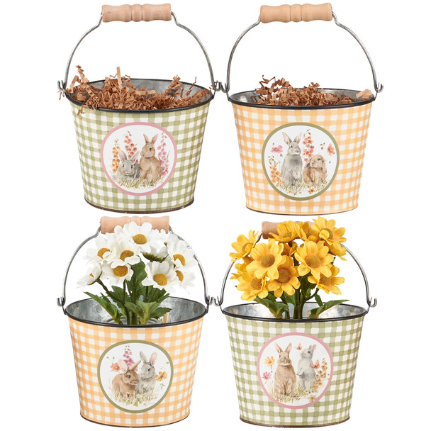 Set of 4 Decorative Metal Buckets With Handles - Gingham Pattern Bunny Rabbits & Spring Flowers from Primitives by Kathy