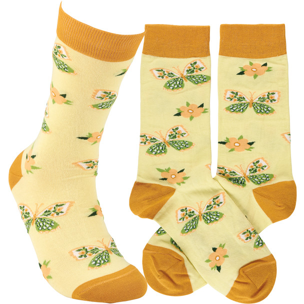 Colorfully Printed Cotton Novelty Socks - Yellow Butterfly & Flowers from Primitives by Kathy