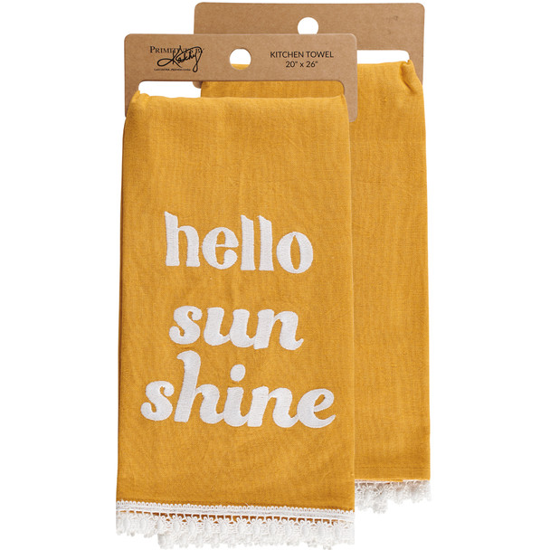 Yellow Cotton Kitchen Dish Towel - Hello Sunshine 20x26 - Stitch Art Collection from Primitives by Kathy