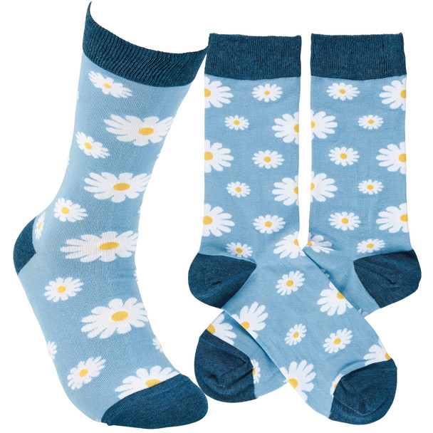 Colorfully Printed Cotton Novelty Socks - Blue Daisy Flowers from Primitives by Kathy