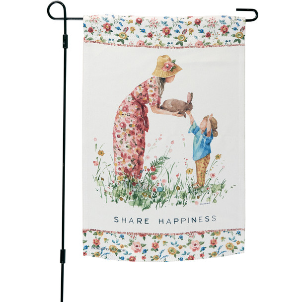 Double Sided Garden Flag - Share Happiness - Woman Child & Bunny Rabbit 12x18 from Primitives by Kathy